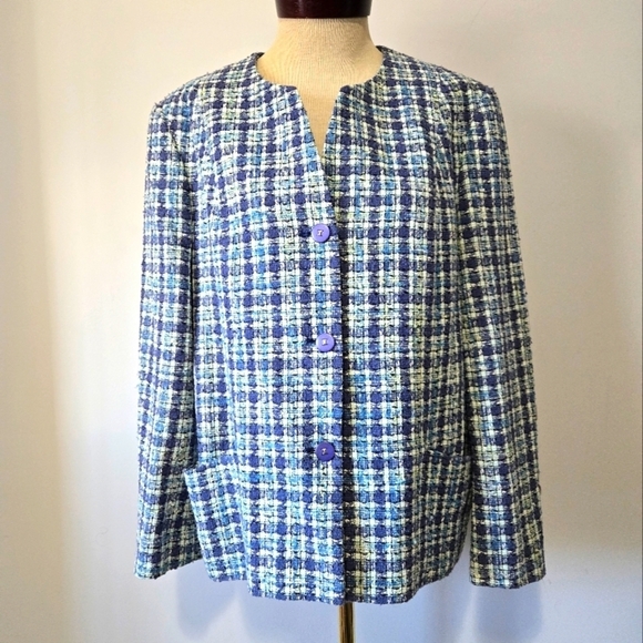 Lucia Jackets & Blazers - LUCIA Blue and White Women's Tweed Jacket. Size Italy 42/ Large